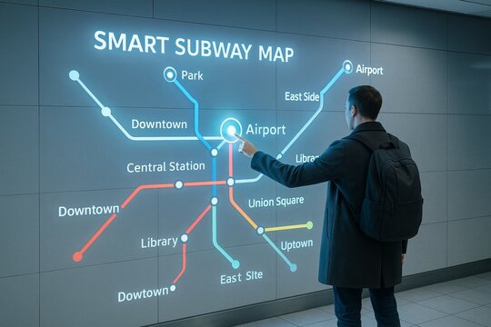 Man using futuristic interactive smart subway map interface with glowing lines and stations in modern indoor setting on tiled wall background. Ai generative - Powered by Adobe