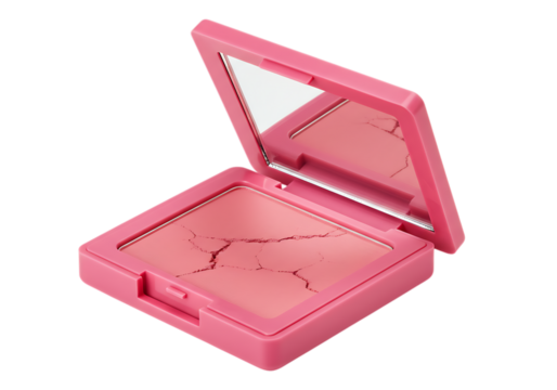 Open vibrant pink makeup compact revealing a cracked darker pink blush or powder with a triangular mirror
