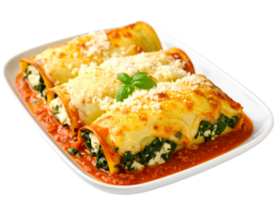  Stuffed Cannelloni with Crispy Cheese Topping and Marinara Base – Studio Shot