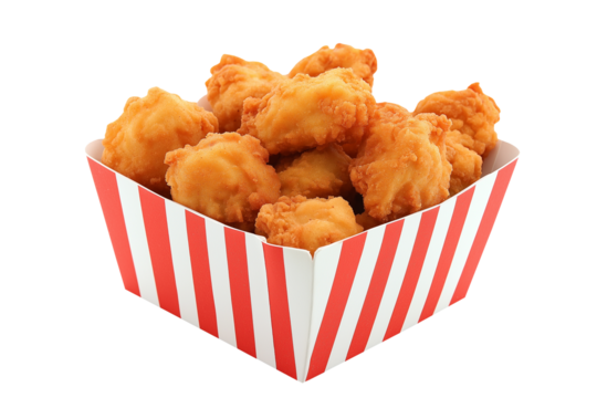 Fried chicken nuggets served in a red and white striped box, isolated on a transparent or white background. Perfect for fast food, snack, and meal design concepts.