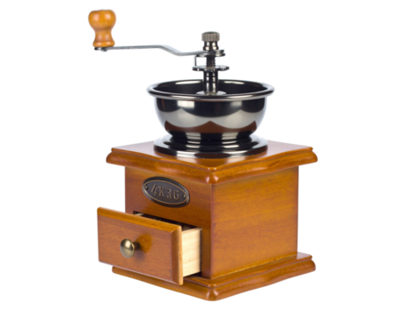 Vintage wooden coffee grinder with metal bowl and open drawer on transparent background