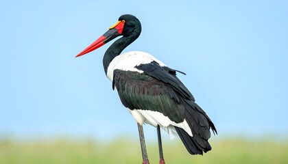 Naklejka premium Striking portrait of a Saddle-billed Stork against a serene blue sky backdrop showcasing vibrant
