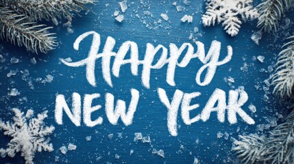 Happy New Year lettering in white snow-style font on blue background with pine branches and snowflakes perfect for winter holiday greeting cards, festive banners and seasonal celebration visuals
