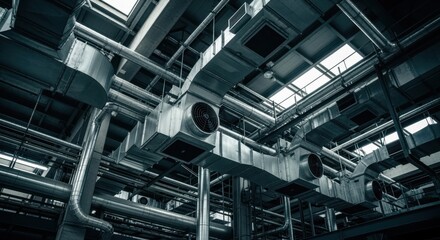 Industrial plant ceiling with intricate network of metal pipes and ventilation units.