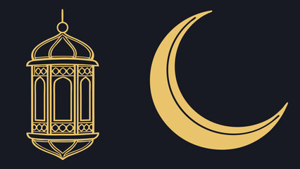Vector illustration of a golden mosque symbol with a crescent moon and stars in the night sky