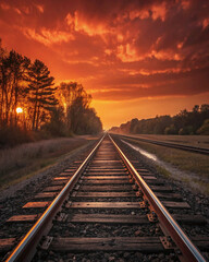 Fototapeta premium Scenic Railroad Tracks at Vibrant Sunset with Orange Sky View