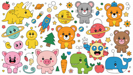 Assortment Of Cute Cartoon Animals And Objects character