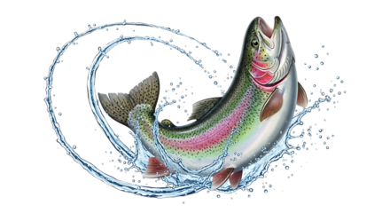 Rainbow trout jumping in water isolated on transparent background