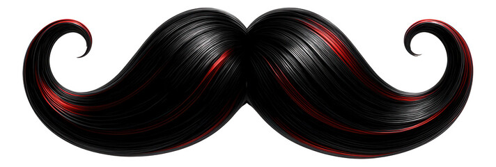 Black and red stylized curly mustache with a glossy texture and intricate detailing on transparent background.