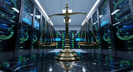 A golden scales of justice on a marble table with servers in the background in a data center room