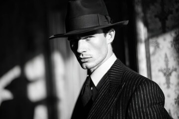 Man in fedora and pinstripe suit, vintage black and white portrait.