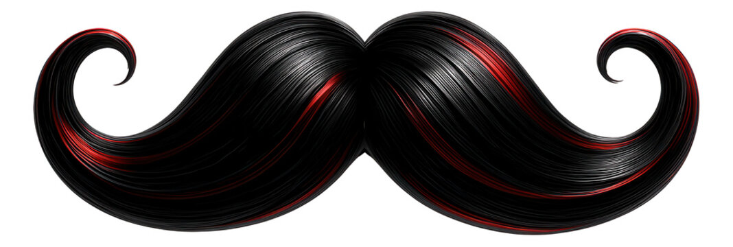 Black and red stylized curly mustache with a glossy texture and intricate detailing on transparent background.