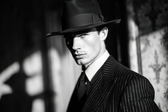 Man in fedora and pinstripe suit, vintage black and white portrait.