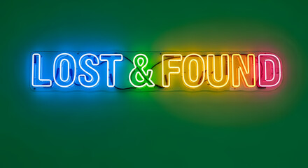 A vibrant neon sign displaying the words lost and found against a green background with colorful lights