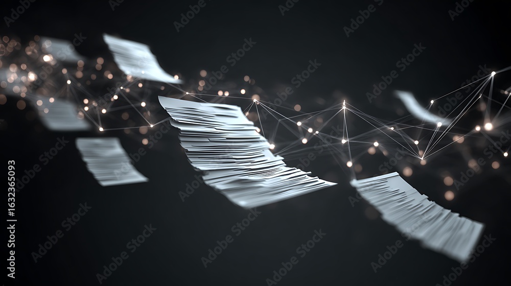 Poster floating documents with glowing network connection concept