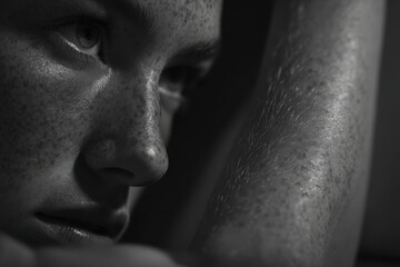 Intense grayscale portrait highlighting human skin texture, freckles, and detail