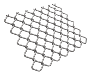 Stainless steel chainmail textured mat with interlocking metal rings on transparent background.
