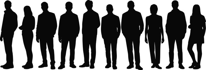 Silhouette of diverse business people standing in a row, isolated on white background, professional teamwork, corporate group concept