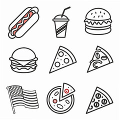 Minimalist Vector American Food Icon Set – Hot Dog, Pizza, Burger, Steak, and More for Restaurant Menus, Apps, Blogs, and Editorial Design Projects 