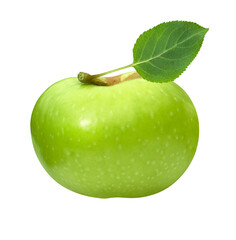 Bright green apple with leaf on transparent background.