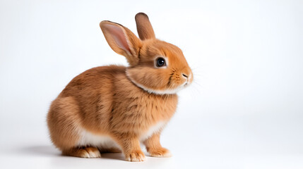 Red-brown cute baby rabbit isolated on white background. Lovely action of young brown rabbit.