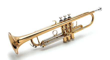 Obraz premium A shiny golden trumpet resting on a white surface with its valves and curves clearly visible detail