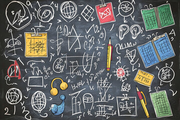 An artsy chalkboard design with science symbols math equations and hand-drawn icons accented by bright school supplies and a vibrant creative learning atmosphere

