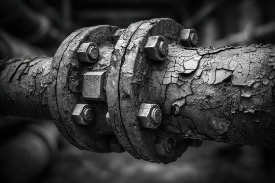 Detailed view of a rusty, weathered industrial pipe connection in monochrome.