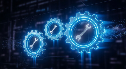Cogwheel and Wrench on a Digital Background.