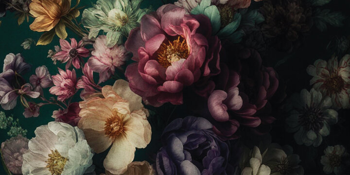 Abstract Vibrant floral pattern featuring multicolored blooms on a dark green background with texture.