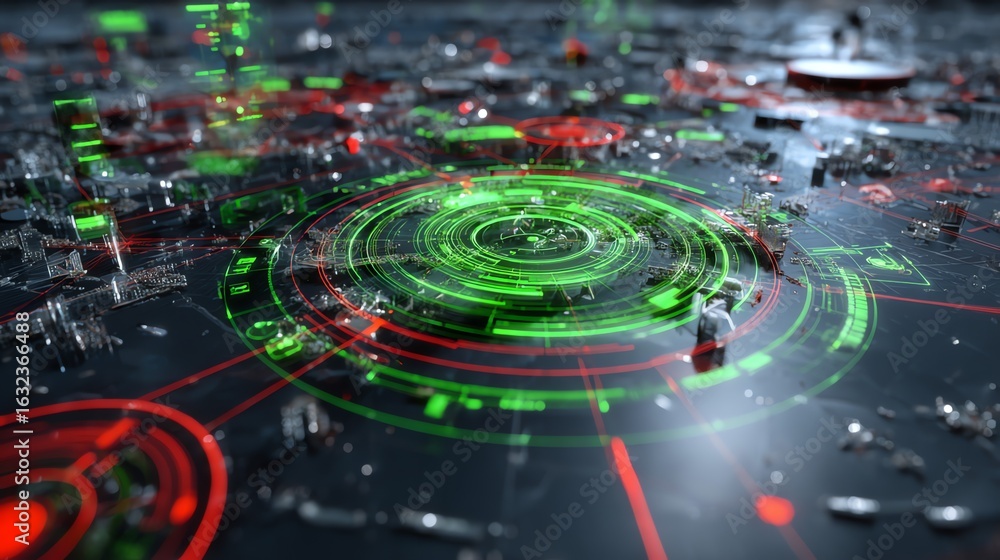 Poster an intricate, futuristic cityscape emerges from a dark background, illuminated by glowing green and 