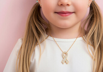 Golden ribbon necklace worn by girl with long hair against pastel wall. Necklace symbolizes hope and support, highlighted by softbox light creating gentle bloom effect.
