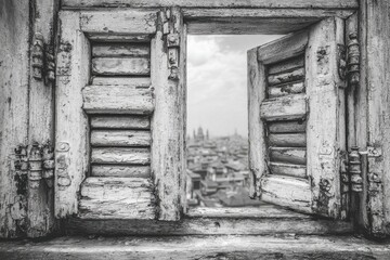 Old Weathered Wooden Window Frame Overlooking a Blurred City Skyline