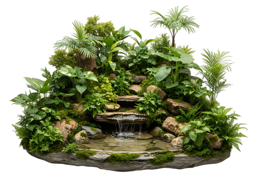 3d illustration of a miniature tropical waterfall oasis with lush green plants and rocks creating a tranquil and idyllic natural scene isolated on transparent background