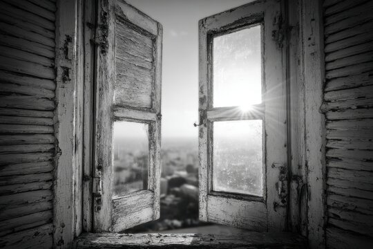 Weathered wooden window open to a bright sunburst and city view in black and white. - Powered by Adobe