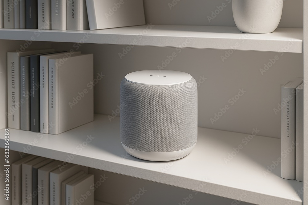 Aufkleber smart speaker mockup on minimalist bookshelf with neutral books and decor in soft lighting for brand