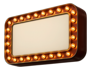 Rectangular vintage marquee sign with glowing round light bulbs around the edges on transparent background.