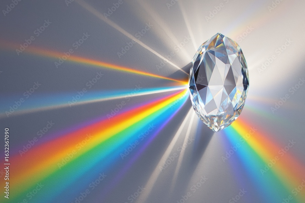 Poster abstract crystal dispersing rainbow light beams on smooth background, creating colorful light spectr