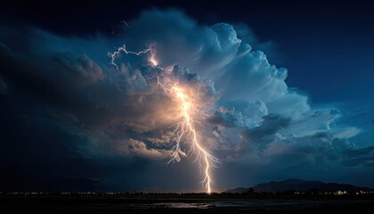 A powerful lightning bolt striking through a dark and stormy sky creating a dramatic illumination effect in the atmosphere