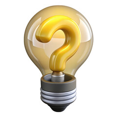 Golden question mark inside lightbulb isolated on transparent background
