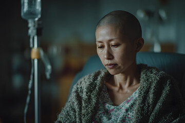 A cancer patient sits in a wheelchair with an IV drip looking stressed and sad. Asian Woman receiving IV therapy in a wheelchair showing visible signs of stress and depression