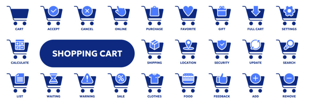 Set of vector line icons related shopping cart and basket, sale and discount, online and retail commerce. Symbols for website or app UI, logo design, illustration