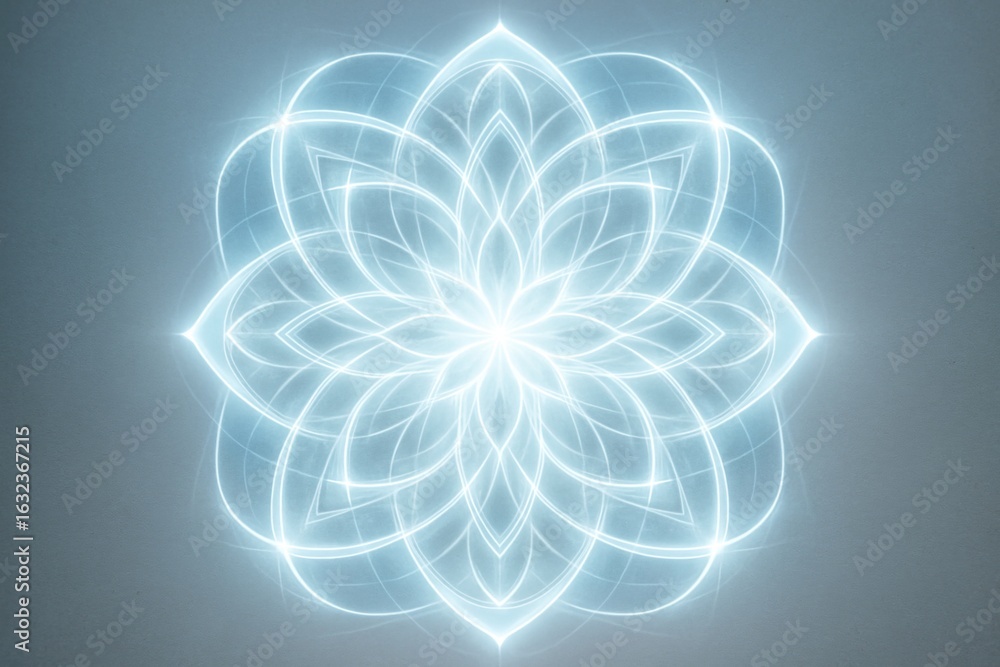 Poster glowing abstract light mandala with layered petals and symmetry on soft gray background, creating a 