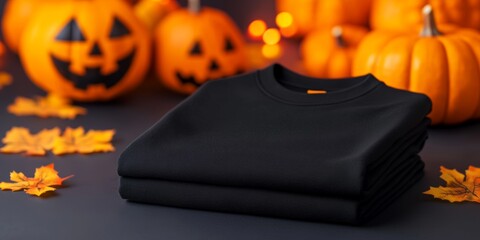 A folded black sweatshirt is surrounded by Halloween decorations, including pumpkins and autumn leaves