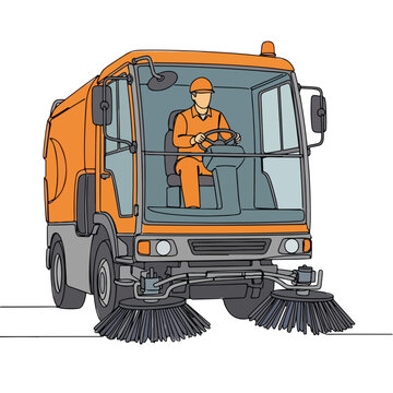 recommend clip art: Municipal worker driving street sweeper with continuous line drawing in flat colors. Street sweeper maintaining urban services, includes city worker wearing uniform and helmet, depicts public service,