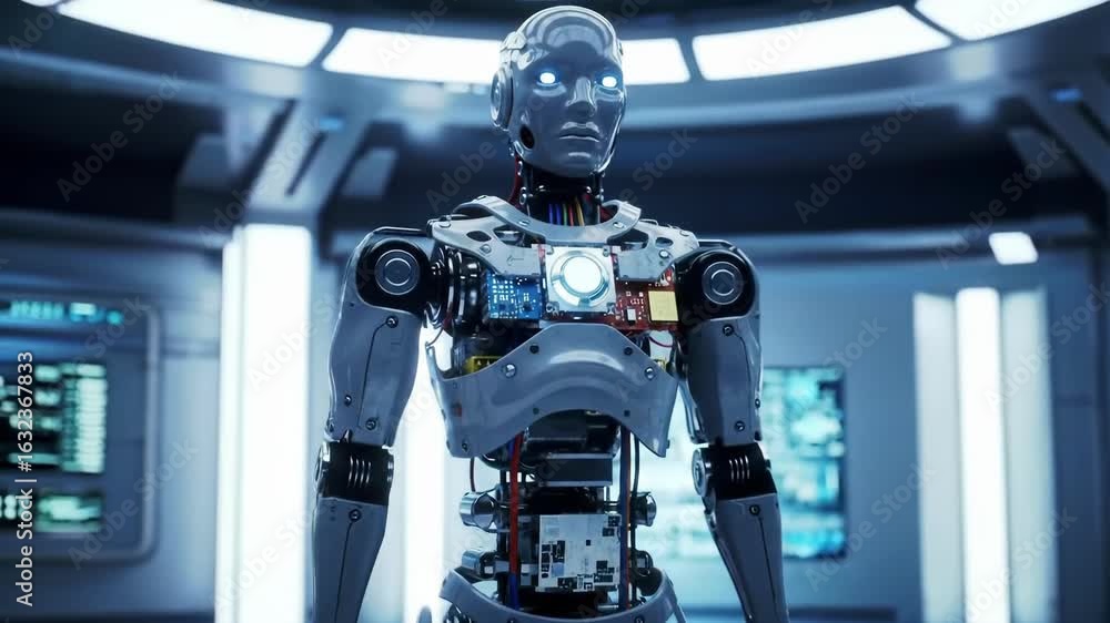 Poster futuristic humanoid robot with glowing blue eyes stands in a technologically advanced laboratory, sh