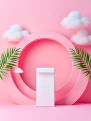 High quality photo of a pink geometric product display with clouds and palm leaves, creating a soft, feminine, and modern mockup for cosmetic or beauty product presentation