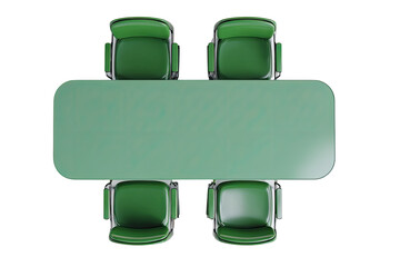 Top-down view of a rectangular green conference table with four matching green chairs