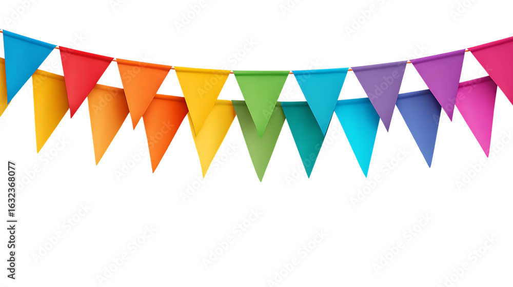 Poster colorful triangular bunting flags hanging isolated on white or trasparent png, suitable for party or