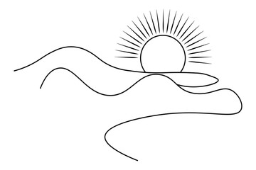 Continuous line art of sun rise in simple minimalist outline vector style